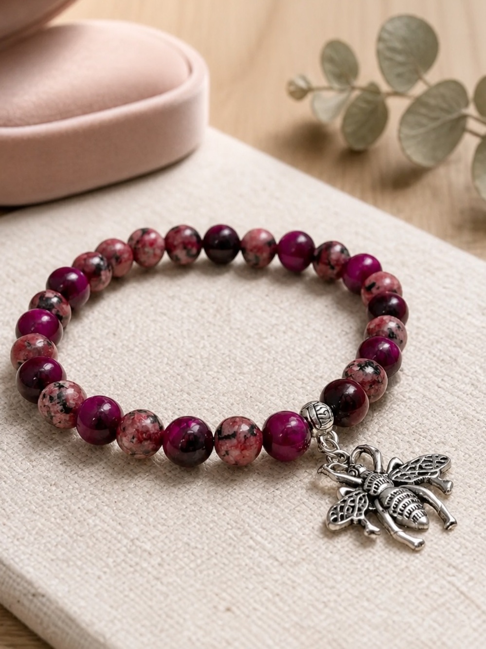 Deep Magenta Stone Bead Bracelet with Stainless Moth Charm – 8.5"